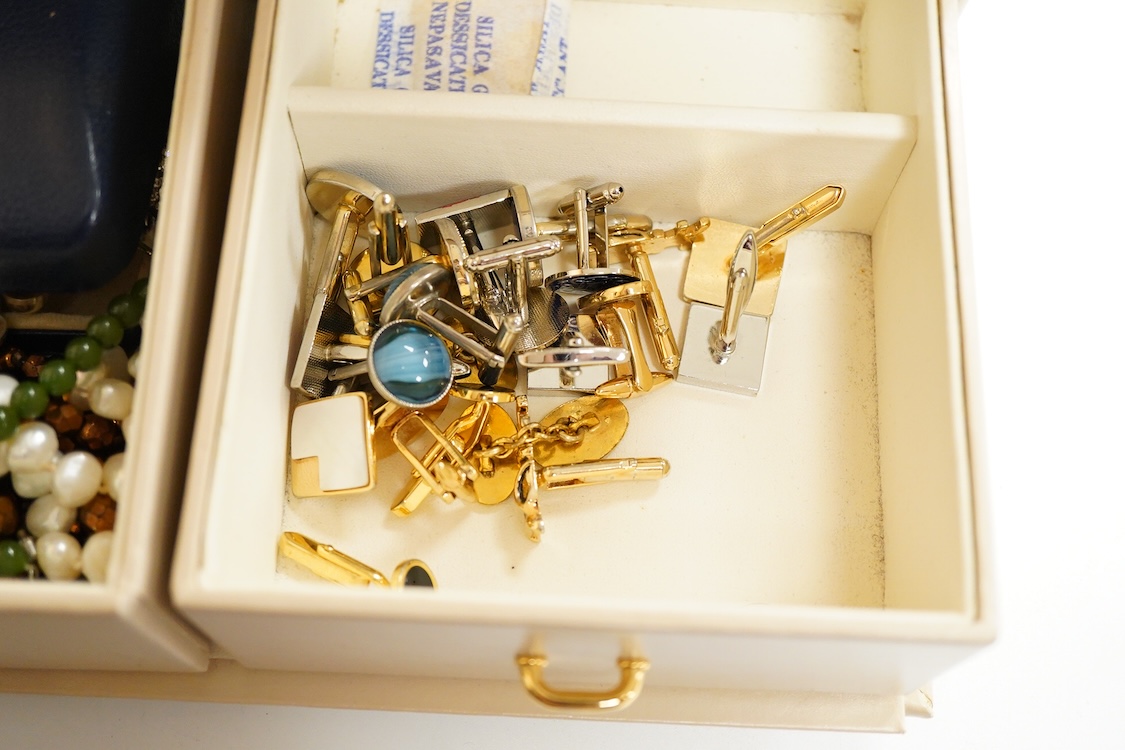 A jewellery box containing mainly costume and other jewellery including, silver and 925 cufflinks, a cultured pearl necklace with silver and paste set clasp and three wrist watches including a steel and gold plated Bulov